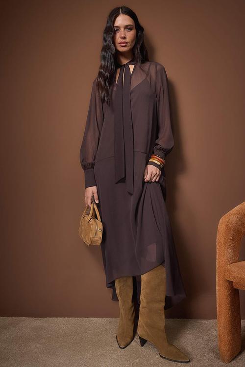 Chiffon Lined Woven Dress - Dark Brown