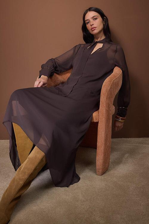 Chiffon Lined Woven Dress - Dark Brown