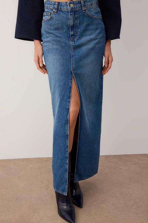 Slit Maxi Denim Skirt - Blue