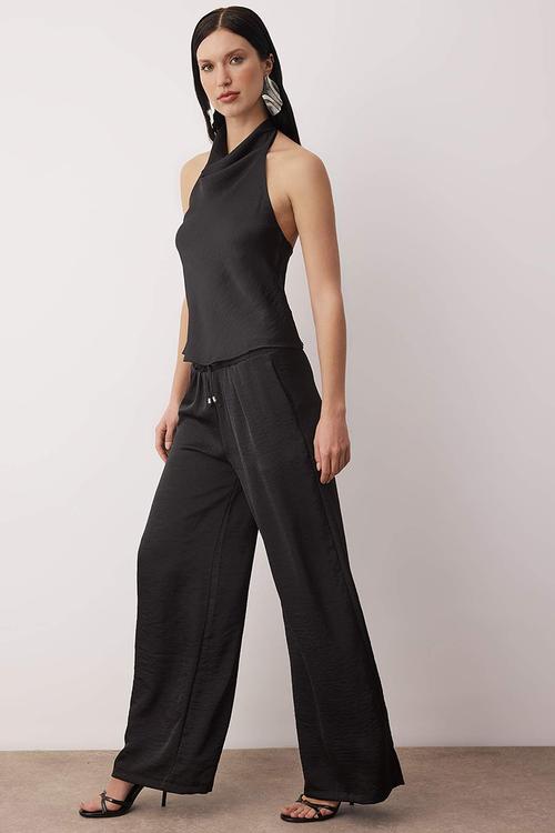 Satin Blouse Pants Bottom-Top Set - Black