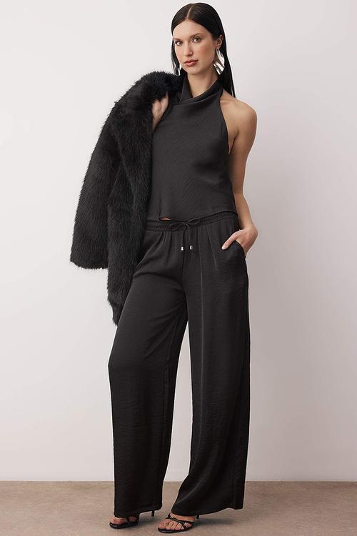 Satin Blouse Pants Bottom-Top Set - Black