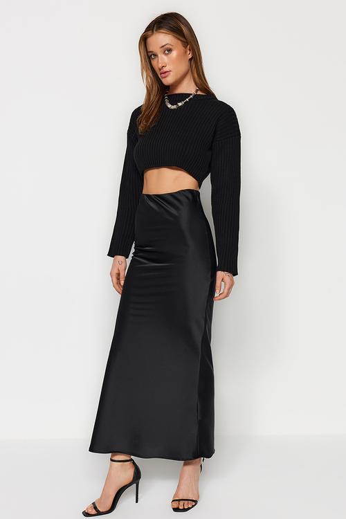 Satin Maxi Length Woven Skirt - Black