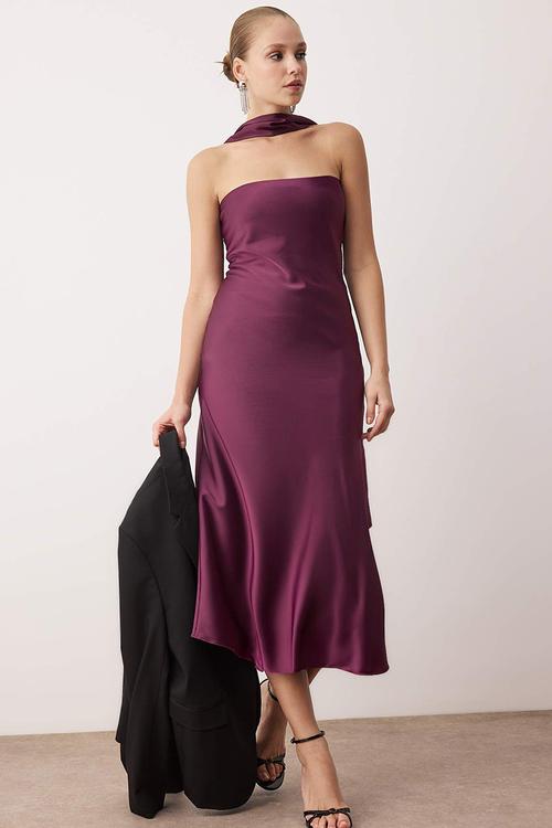 Scarf Detailed Strapless Neckline Satin Dress - Plum