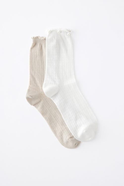 Pearl pointelle frill crew sock 2pk - white/chai dust