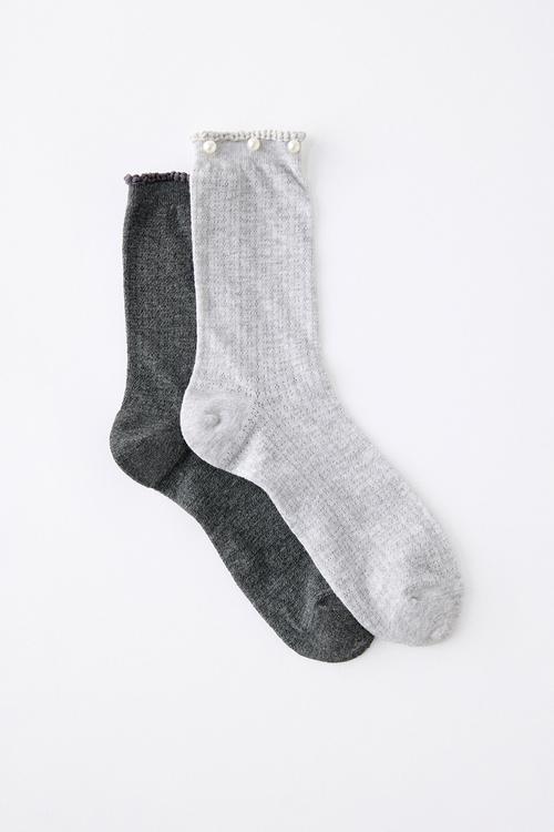 Pearl pointelle frill crew sock 2pk - grey marle/charcoal marle