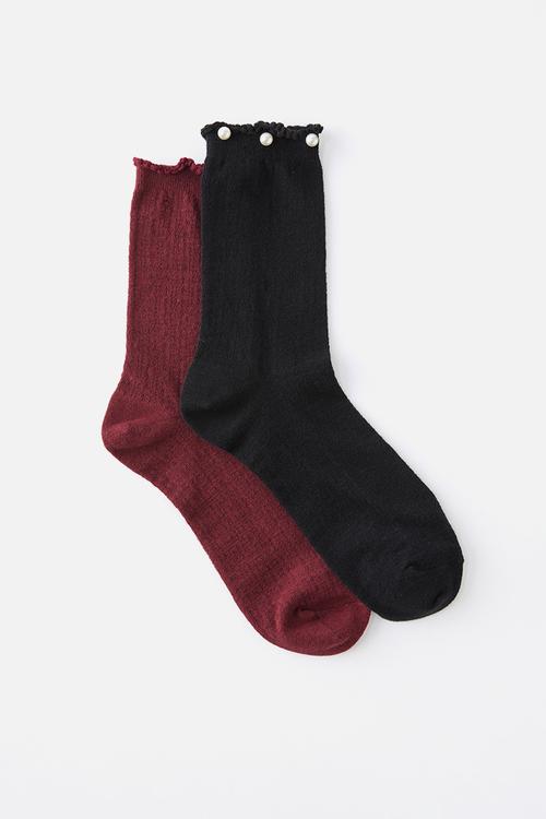 Pearl pointelle frill crew sock 2pk - black/cherrywood
