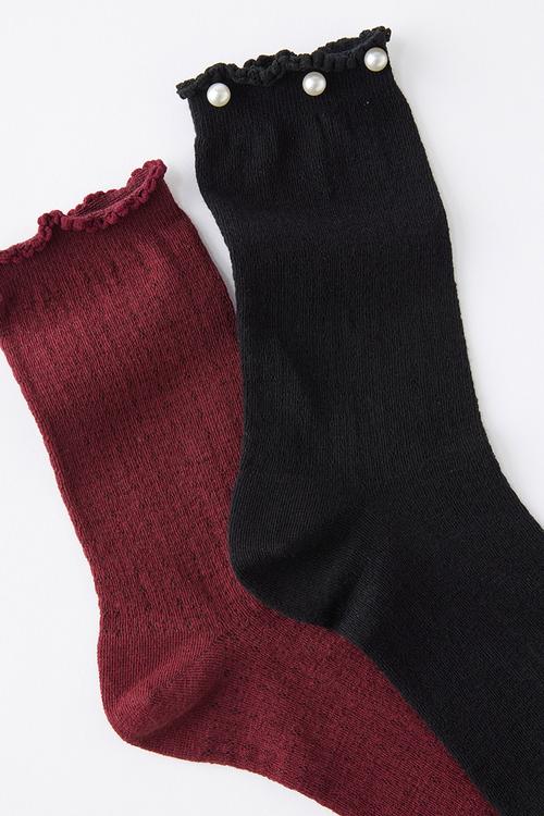 Pearl pointelle frill crew sock 2pk - black/cherrywood