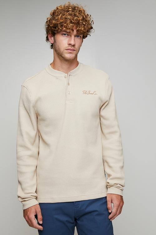 Slate Pjc Ls Henley Logo Sweat Top - Stone