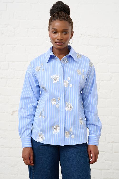 Luxe Stripe Sequined Shirt - Blue