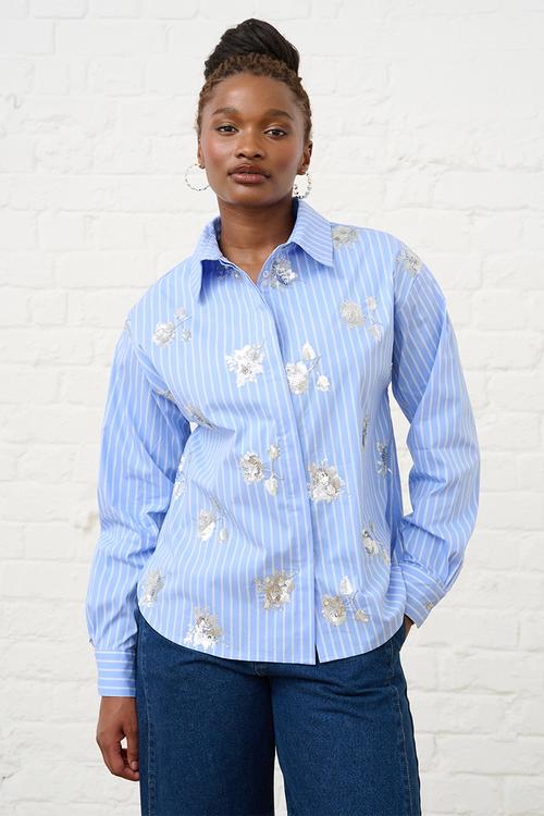 Luxe Stripe Sequined Shirt - Blue