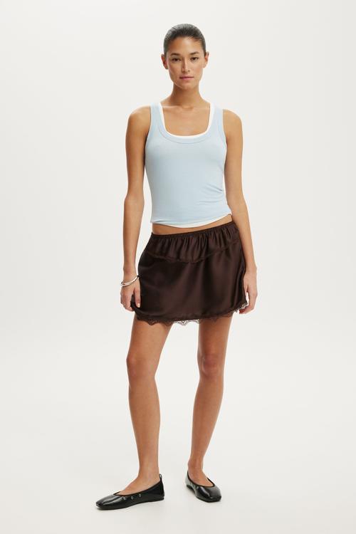 Estelle satin lace slip mini skirt - dark oak
