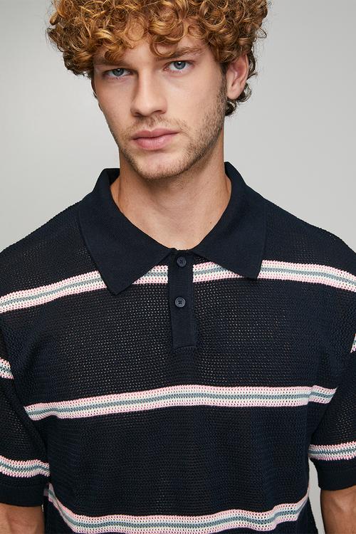 Open stripe flat knit polo - standard navy