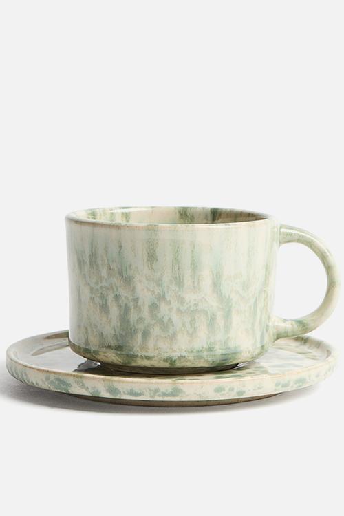 Reactive-glaze mug and saucer - green