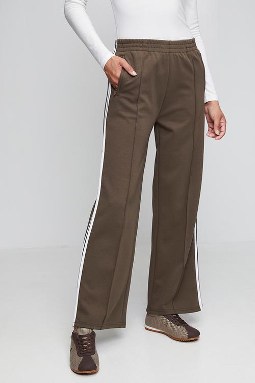 High Waist Elasticated Wide Leg Fleece Pant With Side Tape - Bitter Chocolate