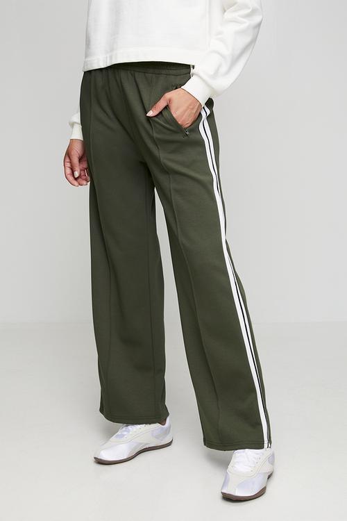 High Waist Elasticated Wide Leg Fleece Pant With Side Tape - Khaki
