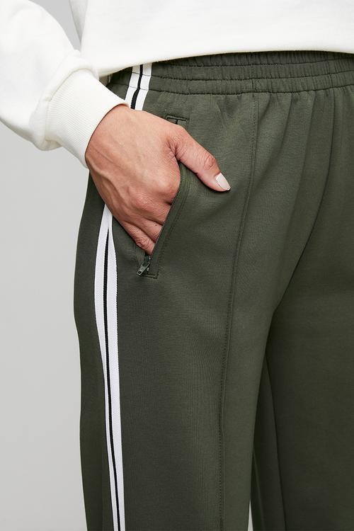High Waist Elasticated Wide Leg Fleece Pant With Side Tape - Khaki