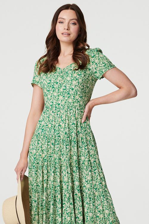 Short Sleeve V-neck With Gather Multi Tier Maxi A-Line Dress - Green