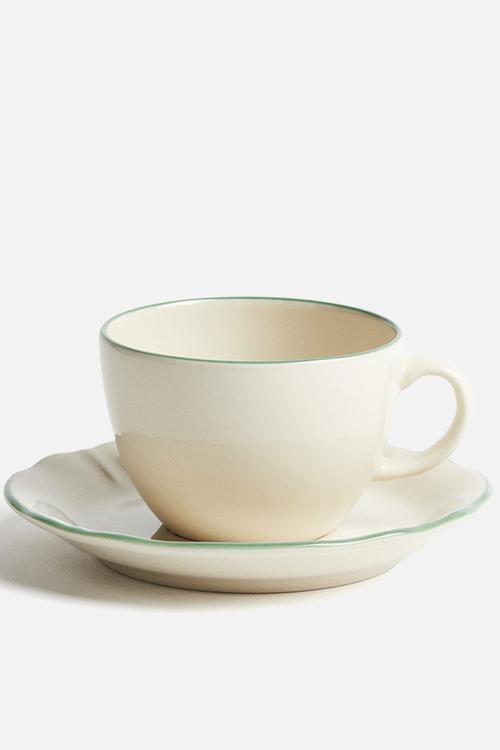 Stoneware cup and saucer - beige,multi