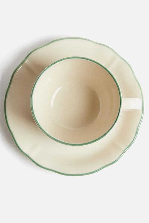 Stoneware cup and saucer - beige,multi