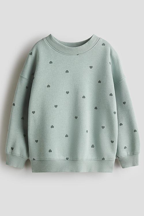 Oversized brushed-inside sweatshirt - dusty green hearts