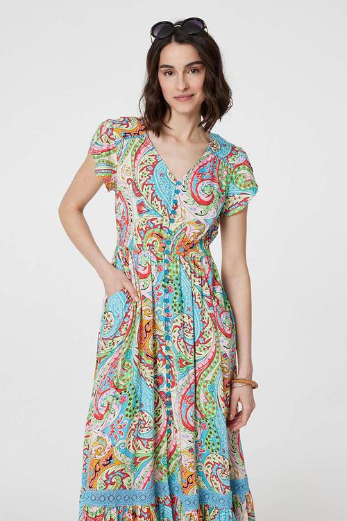 Cap Sleeve With Flutter V-Neck Button Through Maxi Dress - Multi