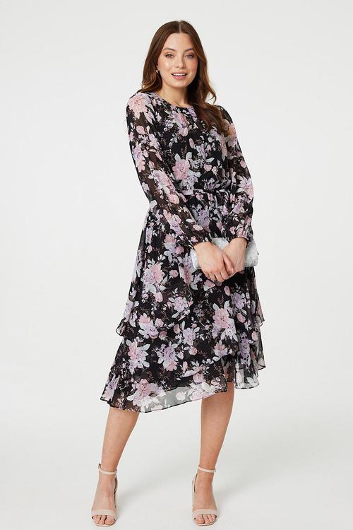 Long Sleeve Easy Wearing Flowing Printed Floral Maxi Dress - Black