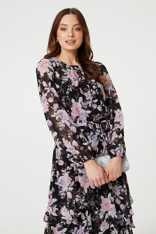 Long Sleeve Easy Wearing Flowing Printed Floral Maxi Dress - Black