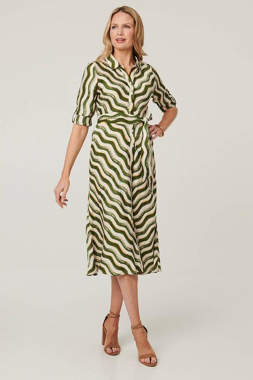 Long Sleeve Collared Button Through Maxi Dress - Multi Green