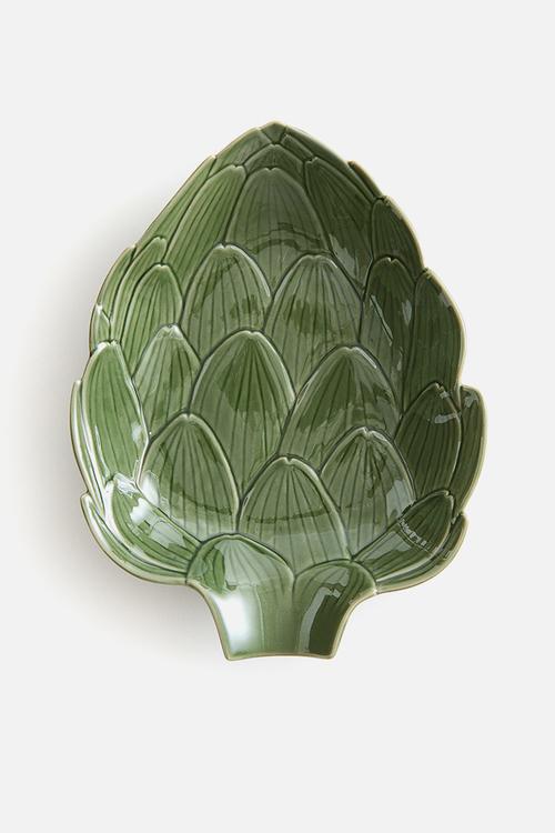 Large figurative stoneware serving bowl - green/artichoke 