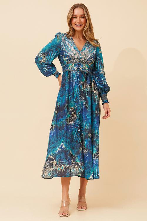 Long Sleeve With Smocked Cuff V-Neck Maxi Dress - Multi Blue