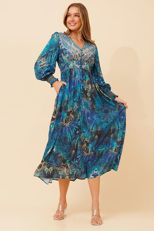 Long Sleeve With Smocked Cuff V-Neck Maxi Dress - Multi Blue