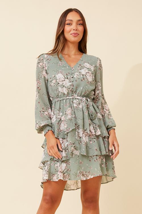 Long Sleeve With Elastic Cuff V-Neck Multi Tier Midi Dress - Sage