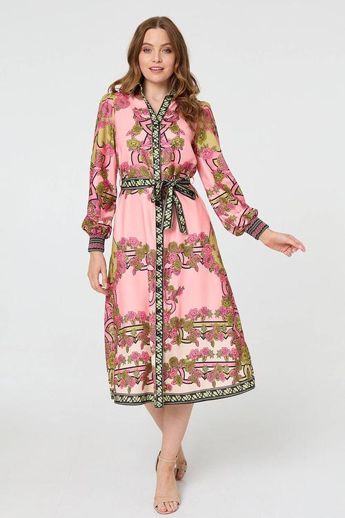 Long Sleeve Button Through Maxi Dress - Pink