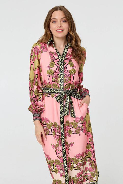 Long Sleeve Button Through Maxi Dress - Pink