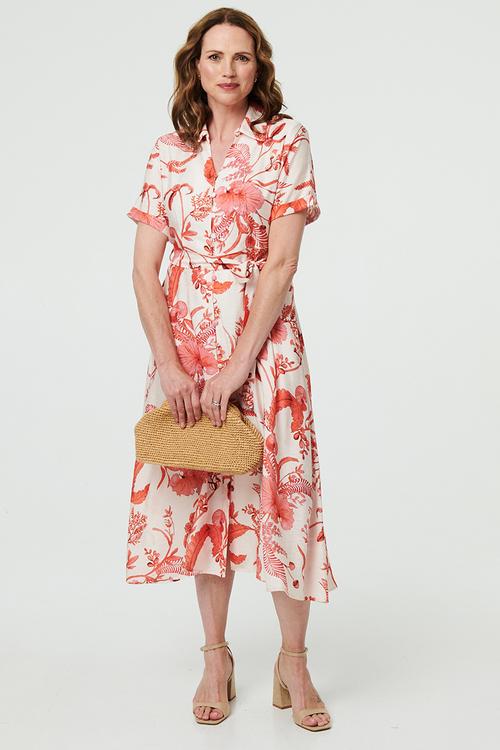 Short Sleeve V-Neck Covered Buttons Maxi Printed Dress - Coral