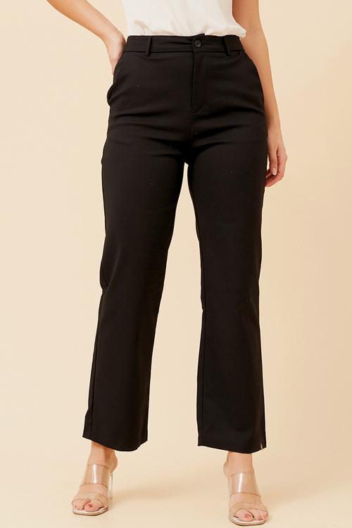 Mid Waist Straight Leg Stretch Sateen Trouser - Black