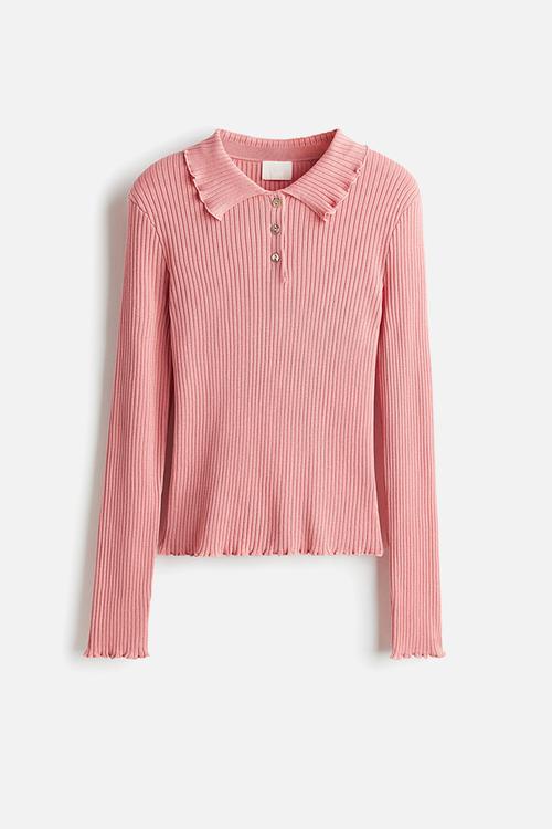 Rib-knit polo jumper - dusty pink