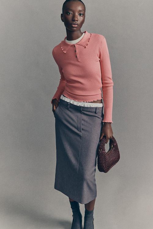 Rib-knit polo jumper - dusty pink