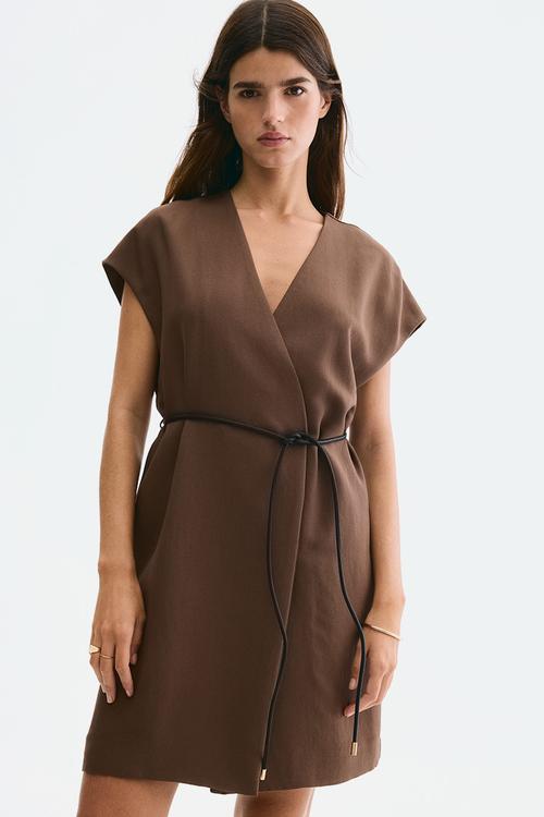 Tie-belt blazer dress - brown