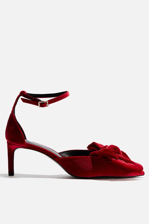 Bow-detail velour court shoes - red