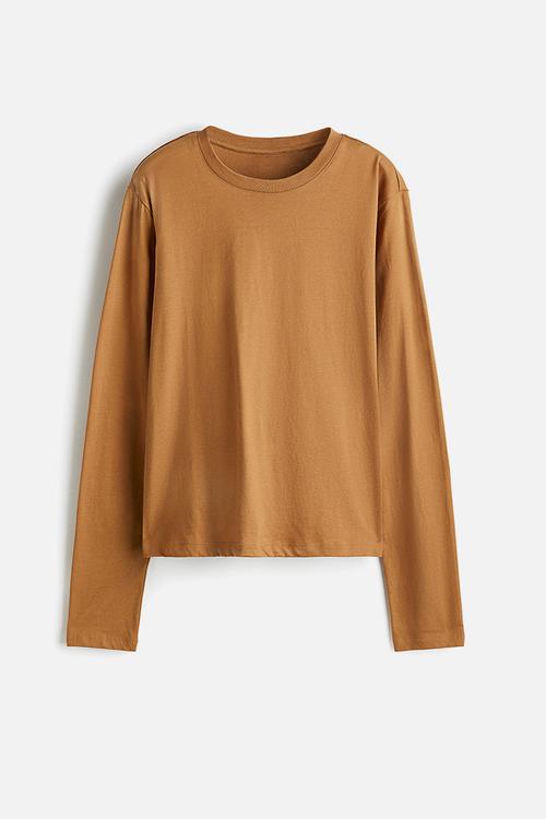 Long-sleeved cotton top - dark beige