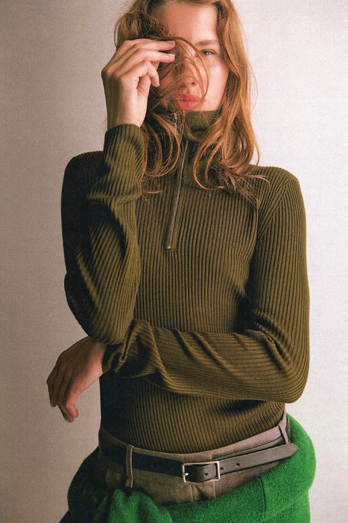 Rib-knit zip-top top - dark khaki green
