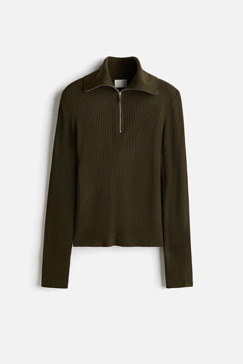Rib-knit zip-top top - dark khaki green