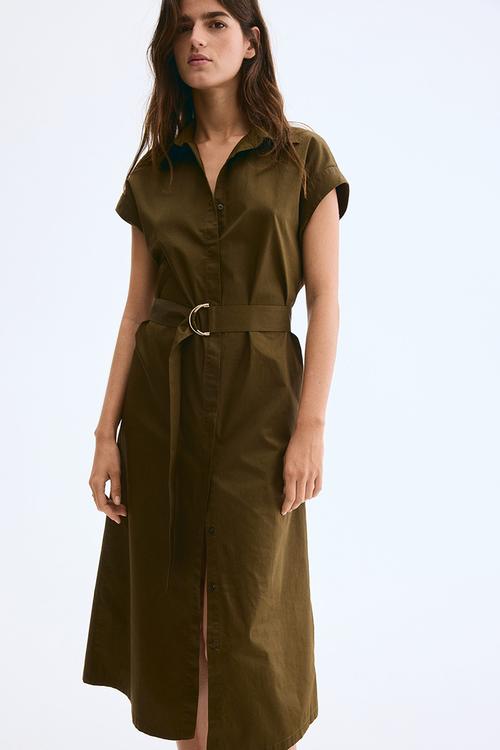 Belted poplin shirt dress - khaki green