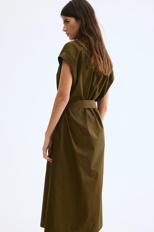 Belted poplin shirt dress - khaki green