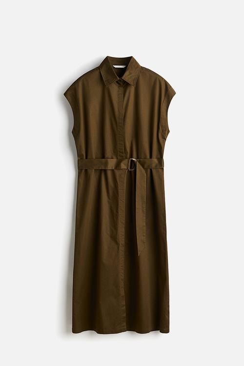 Belted poplin shirt dress - khaki green