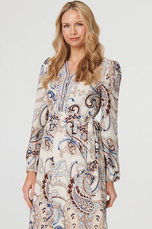Ls With Elastic At Cuff V-Neck Midi Dress Border Print Detail - Multi 