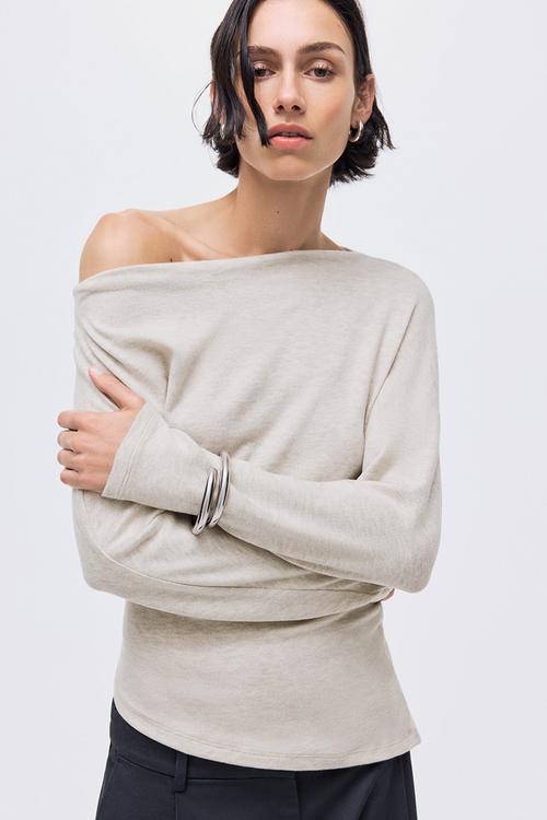 Asymmetric jersey top - light beige marl