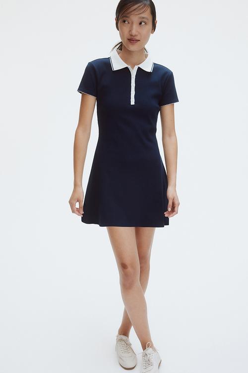 Flared-skirt polo dress - navy blue