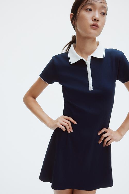 Flared-skirt polo dress - navy blue